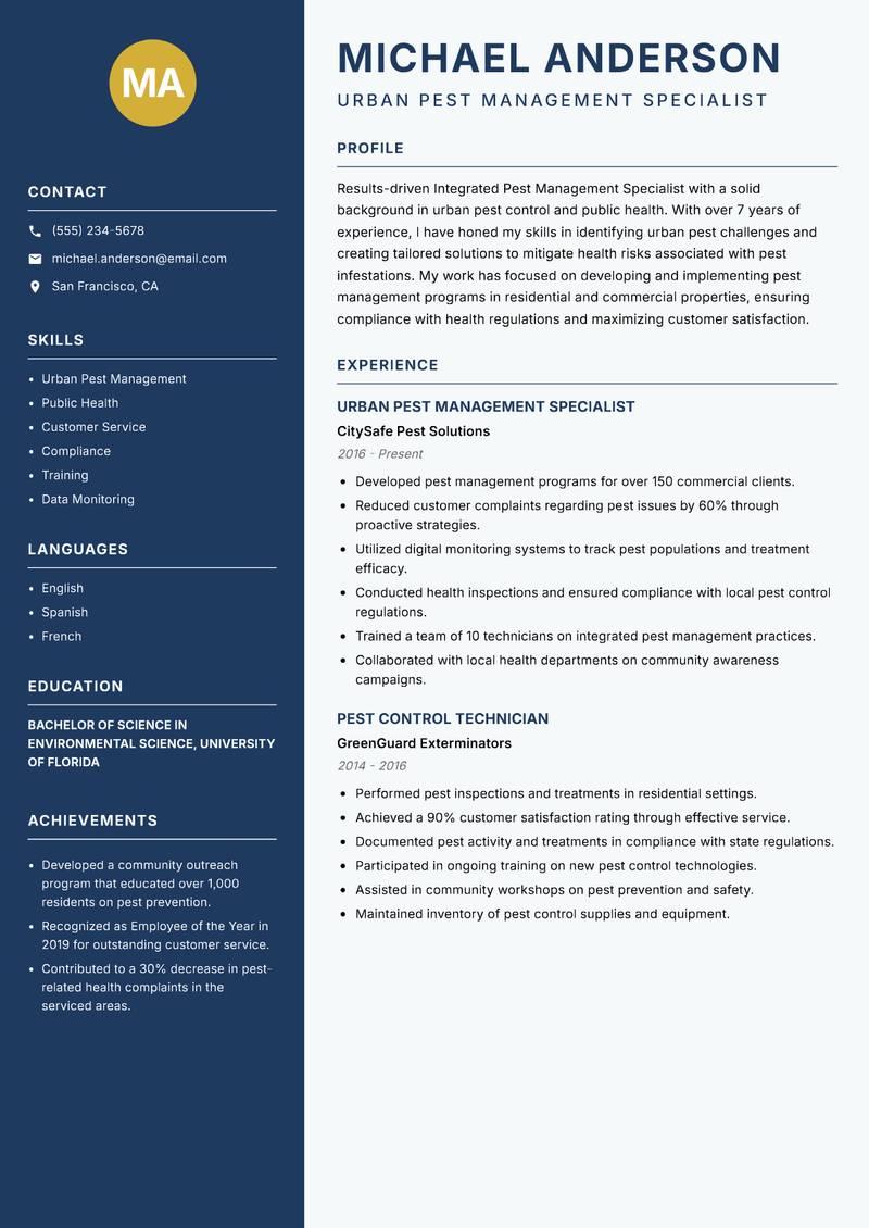 Integrated Pest Management Specialist resume template — Classic Clean