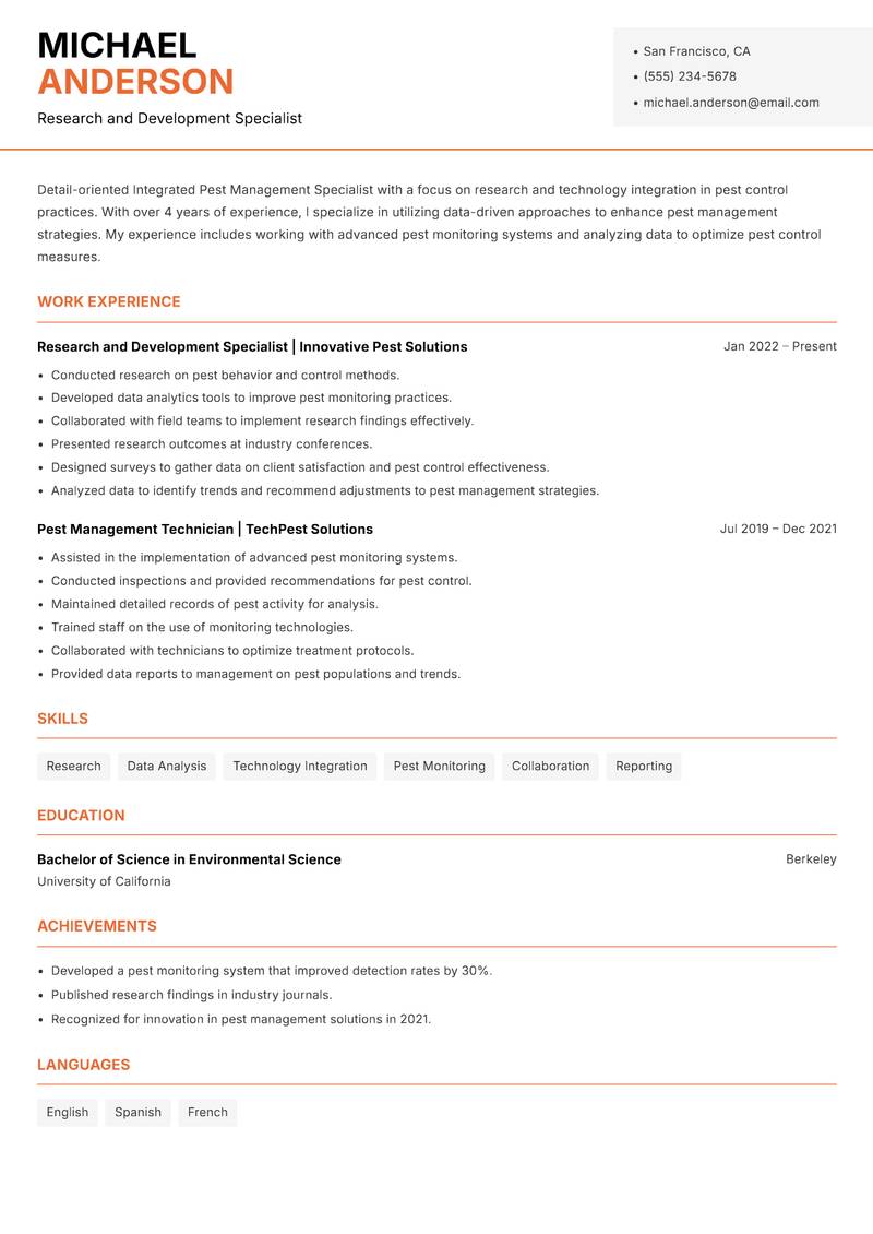 Integrated Pest Management Specialist resume template — Modern Professional