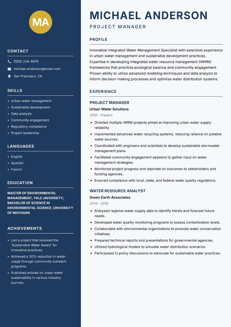 Integrated Water Management Specialist resume template — Classic Clean