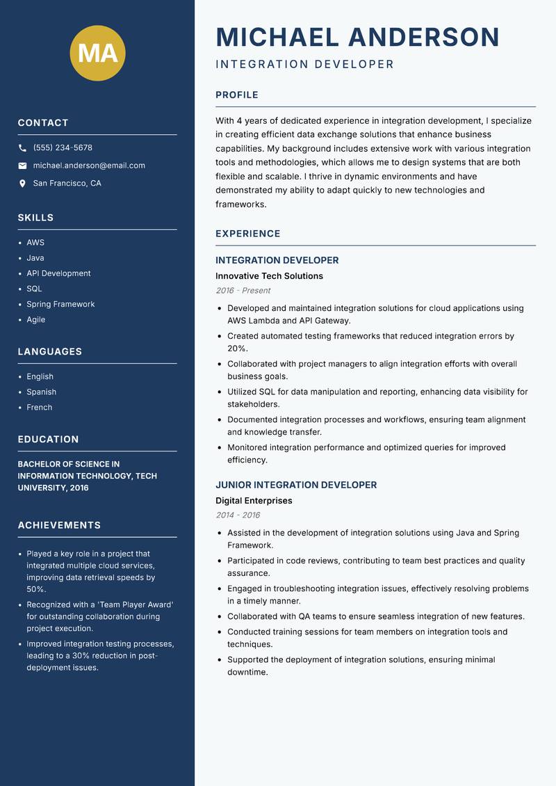 Integration Developer resume template — Classic Clean