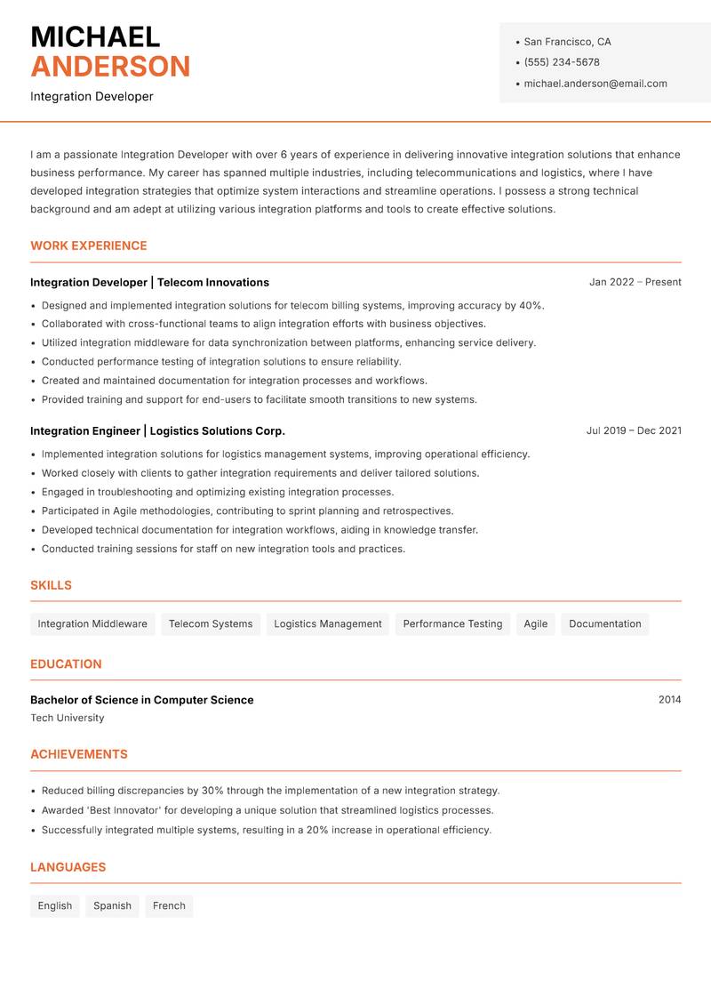 Integration Developer resume template — Modern Professional
