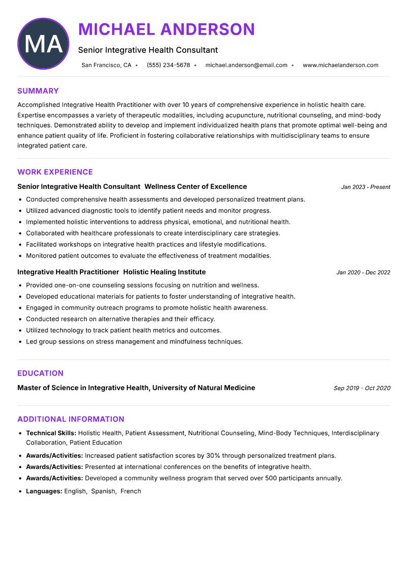Integrative Health Practitioner resume example — ATS-friendly template
