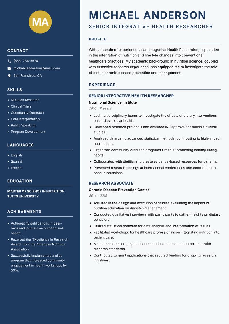 Integrative Health Researcher resume template — Classic Clean