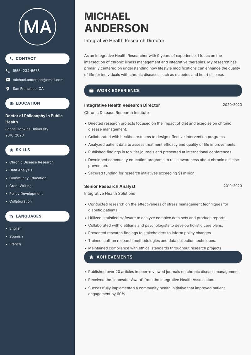 Integrative Health Researcher resume template — Compact