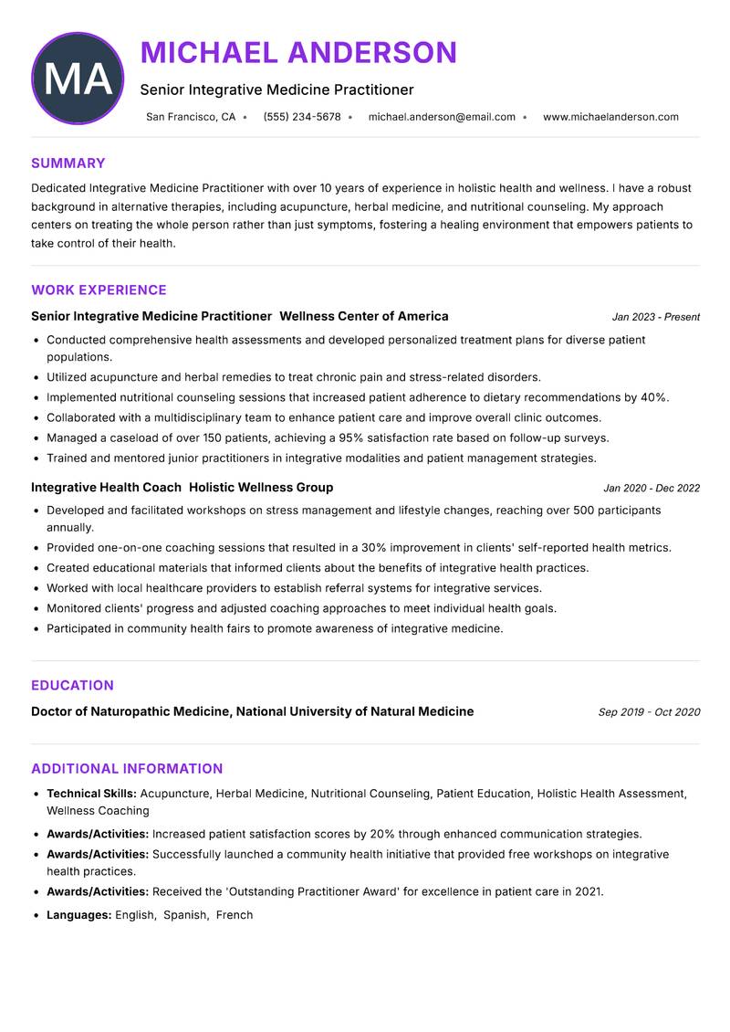 Integrative Medicine Practitioner resume example — ATS-friendly template