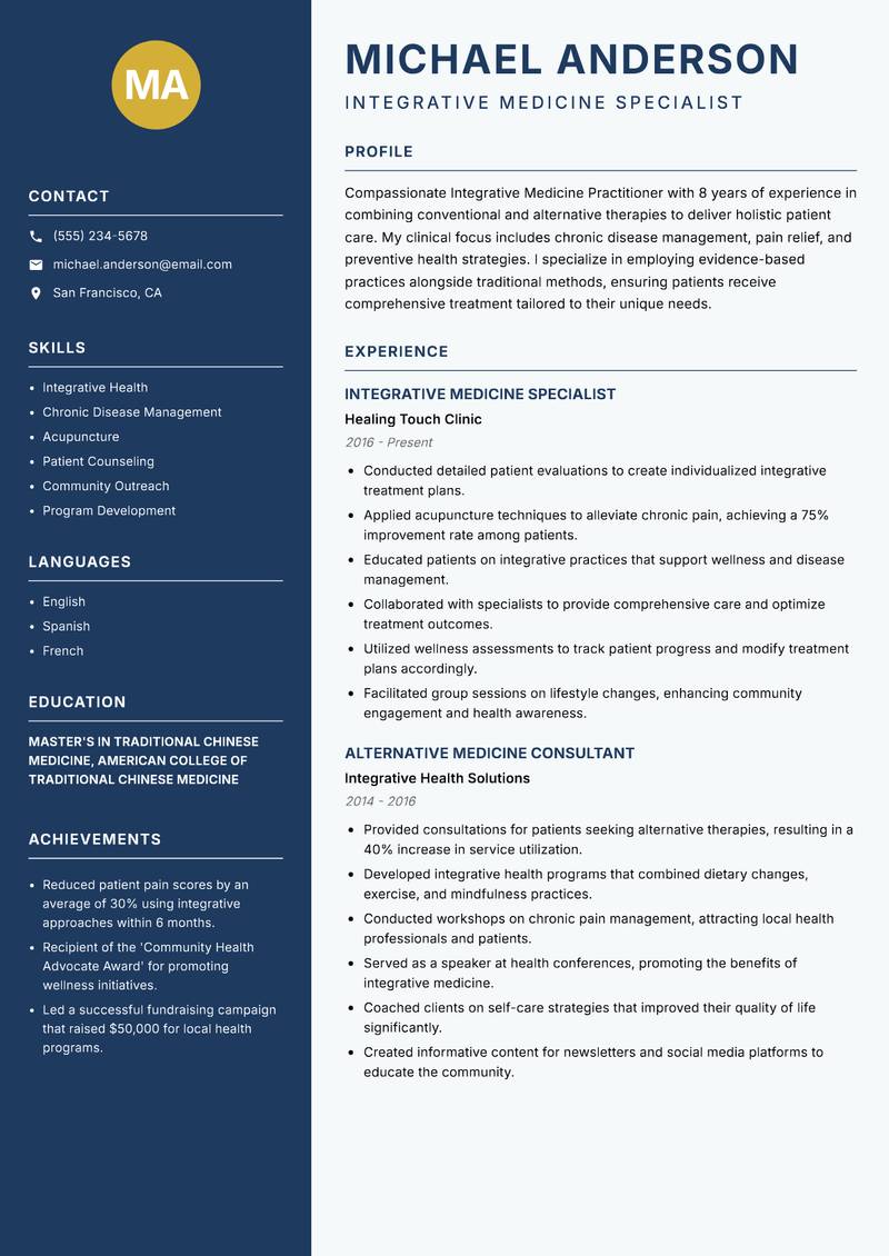 Integrative Medicine Practitioner resume template — Classic Clean