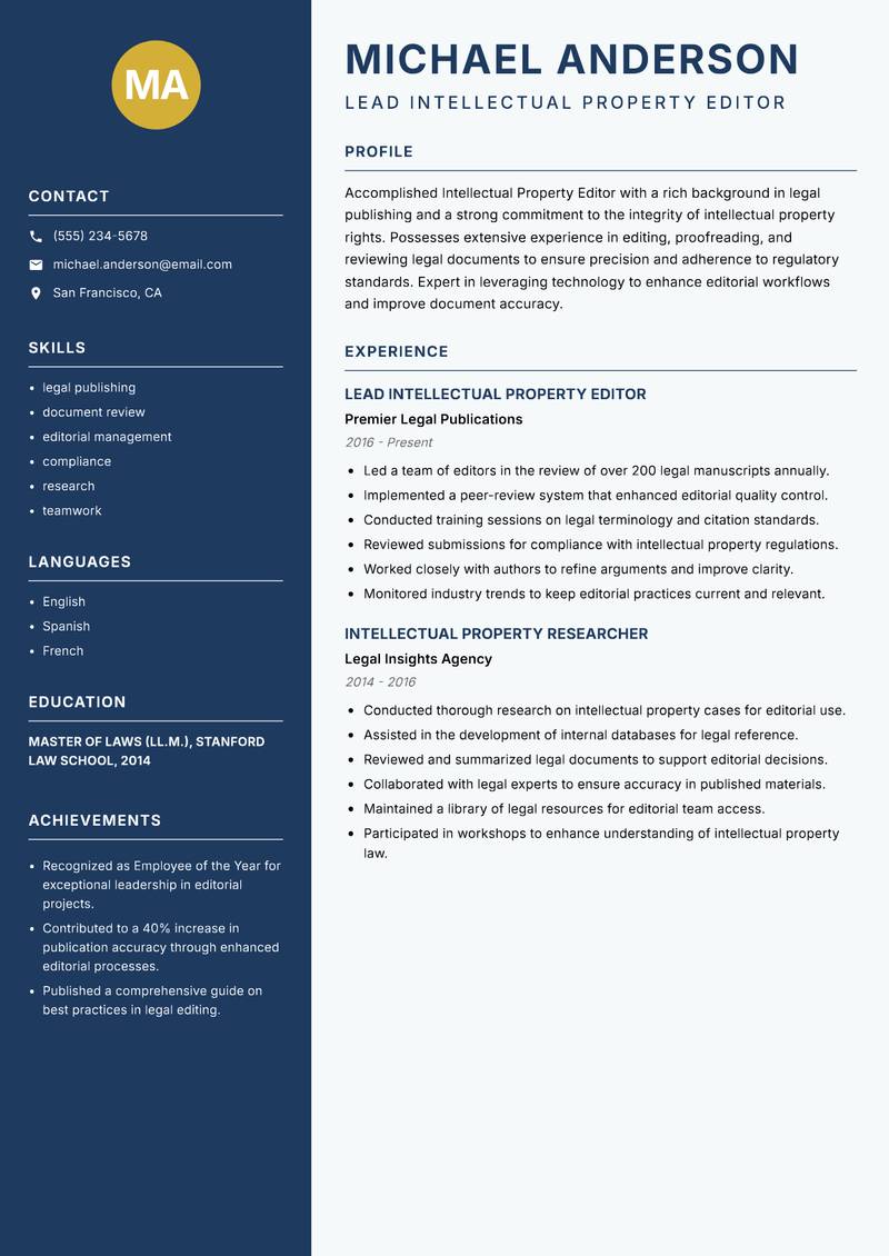 Intellectual Property Editor resume template — Classic Clean