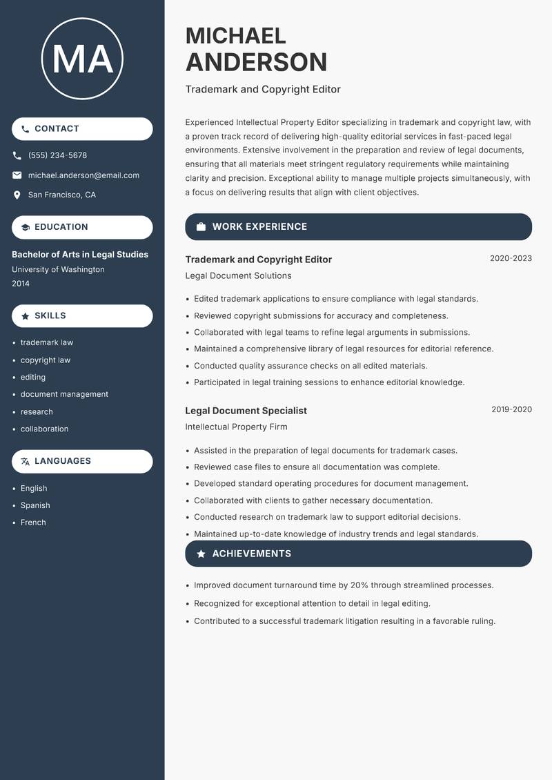 Intellectual Property Editor resume template — Compact