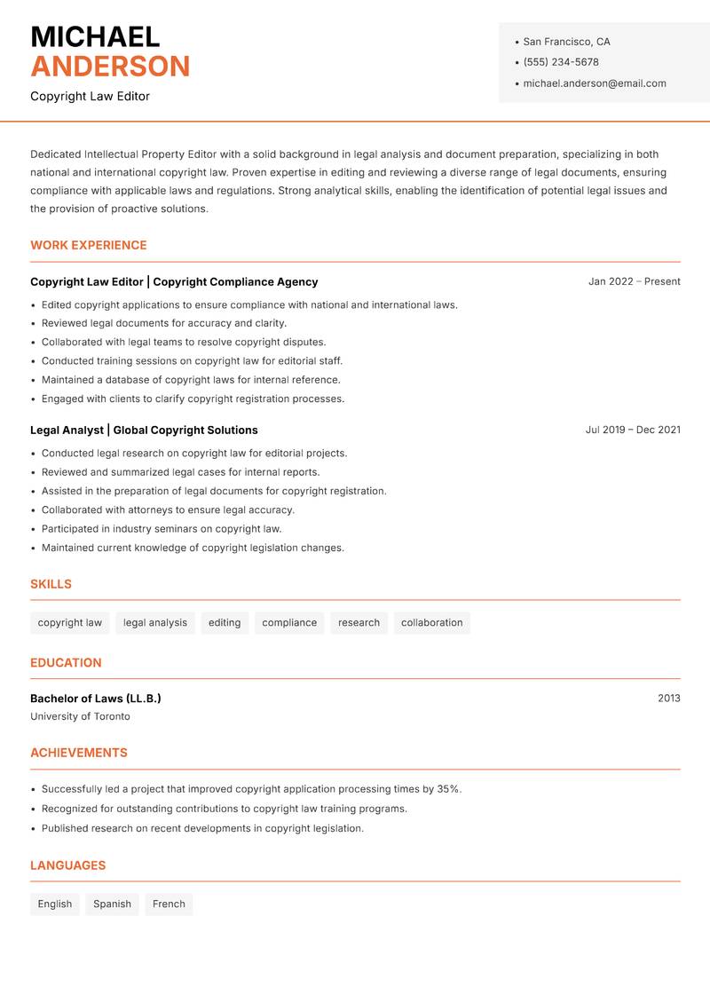 Intellectual Property Editor resume template — Modern Professional