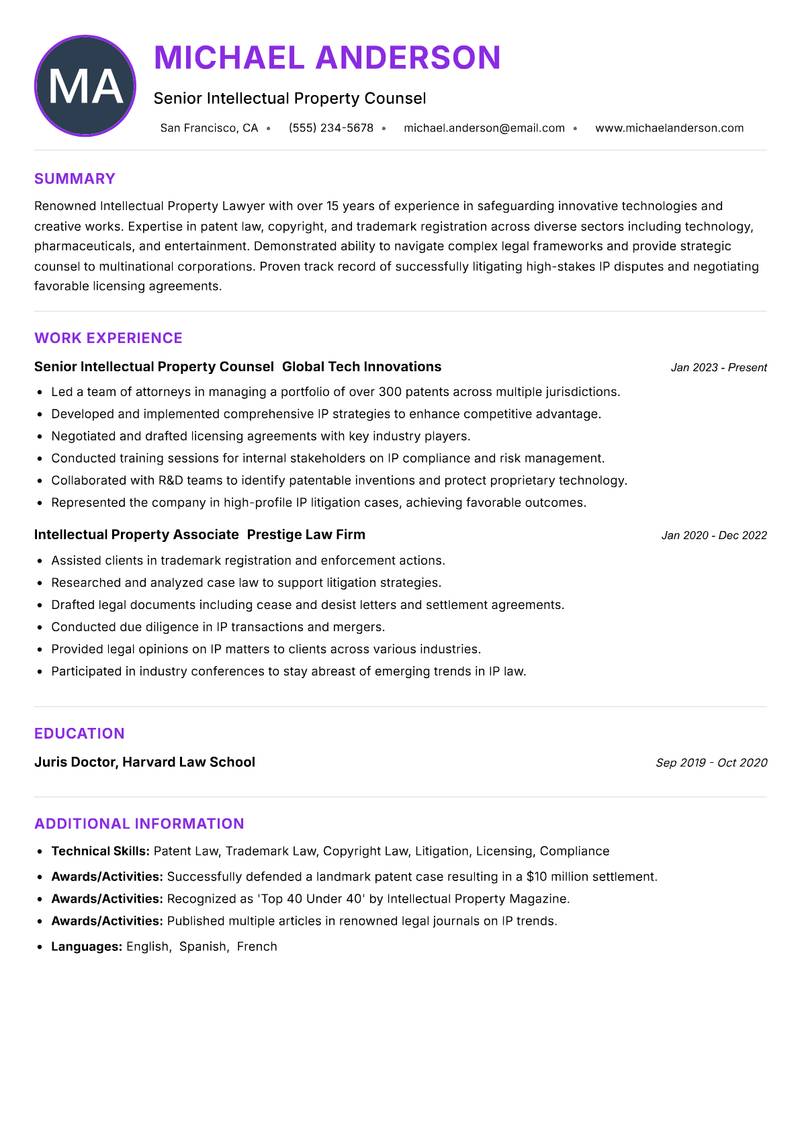 Intellectual Property Lawyer resume example — ATS-friendly template