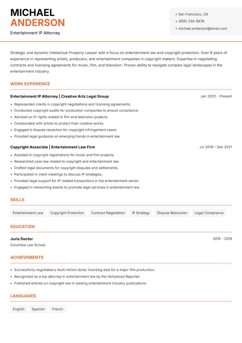 Intellectual Property Lawyer resume template — Modern Professional