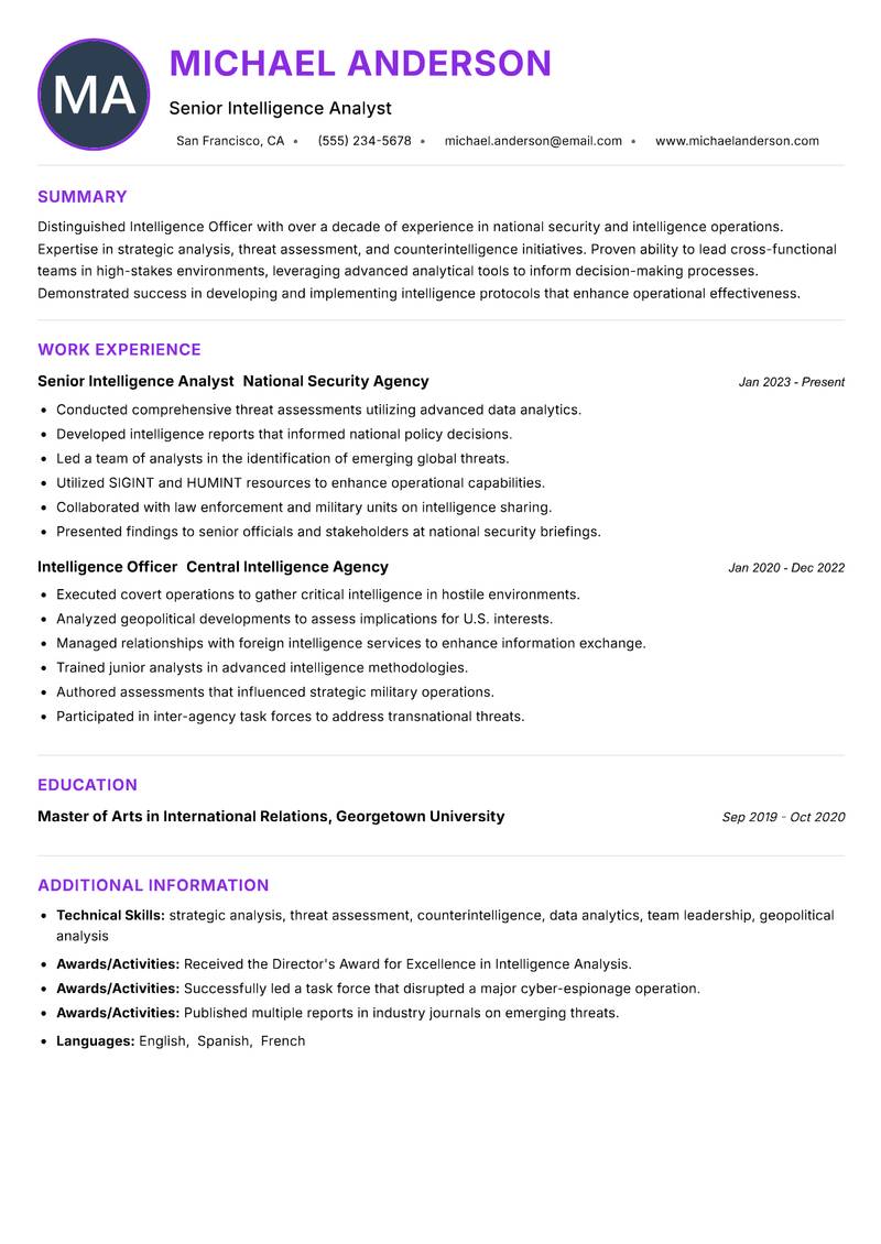 Intelligence Officer resume example — ATS-friendly template