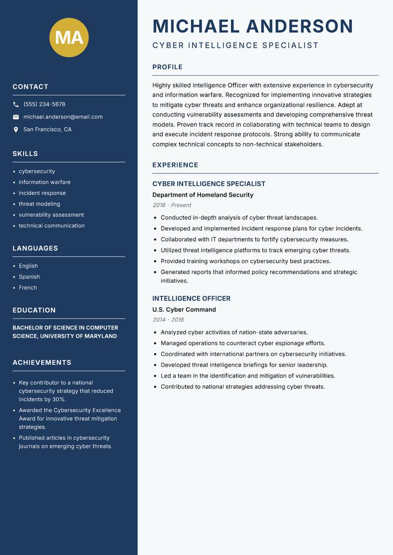 Intelligence Officer resume template — Classic Clean
