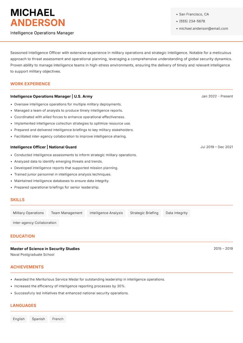 Intelligence Officer Military resume template — Modern Professional