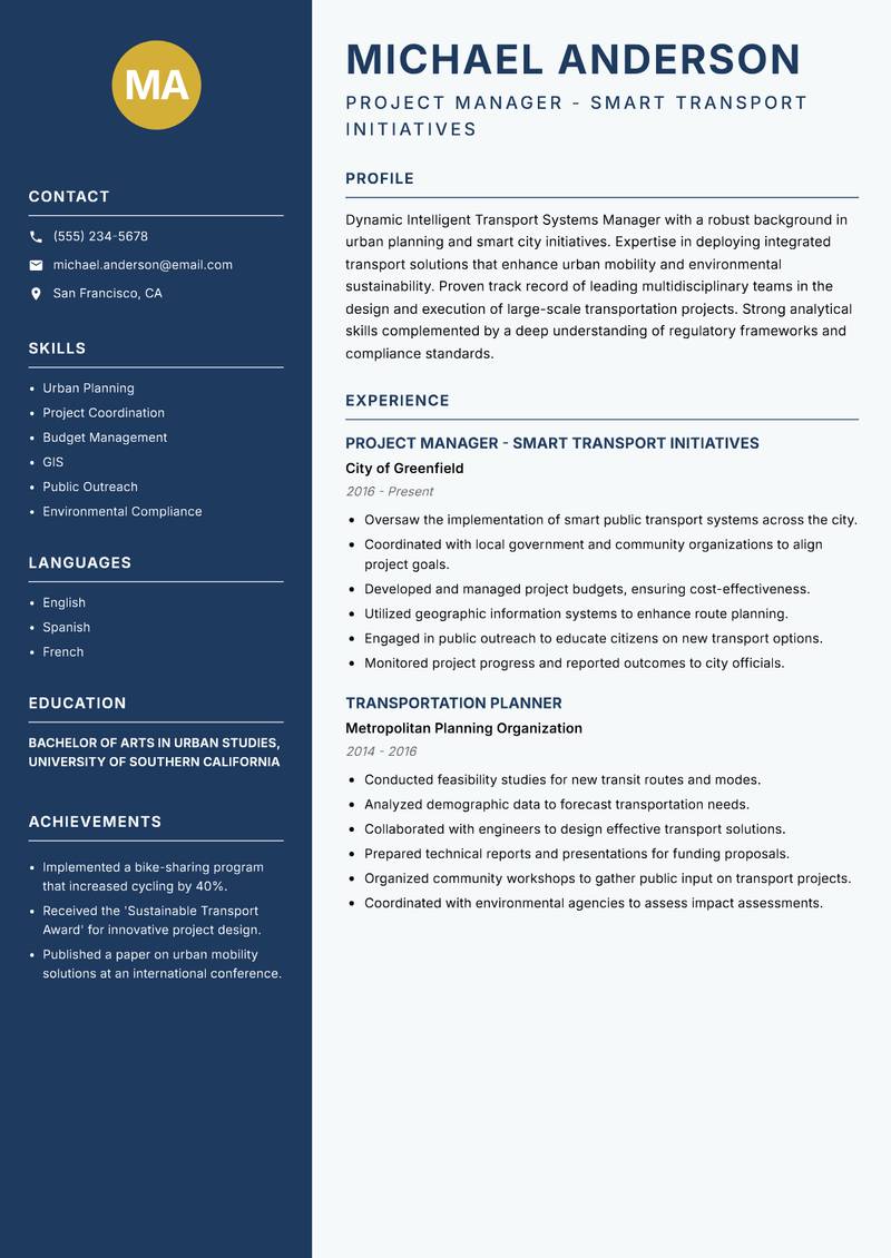Intelligent Transport Systems Manager resume template — Classic Clean