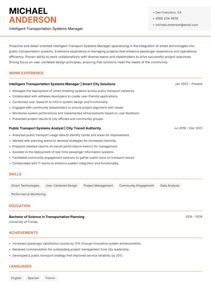 Intelligent Transport Systems Manager resume template — Modern Professional