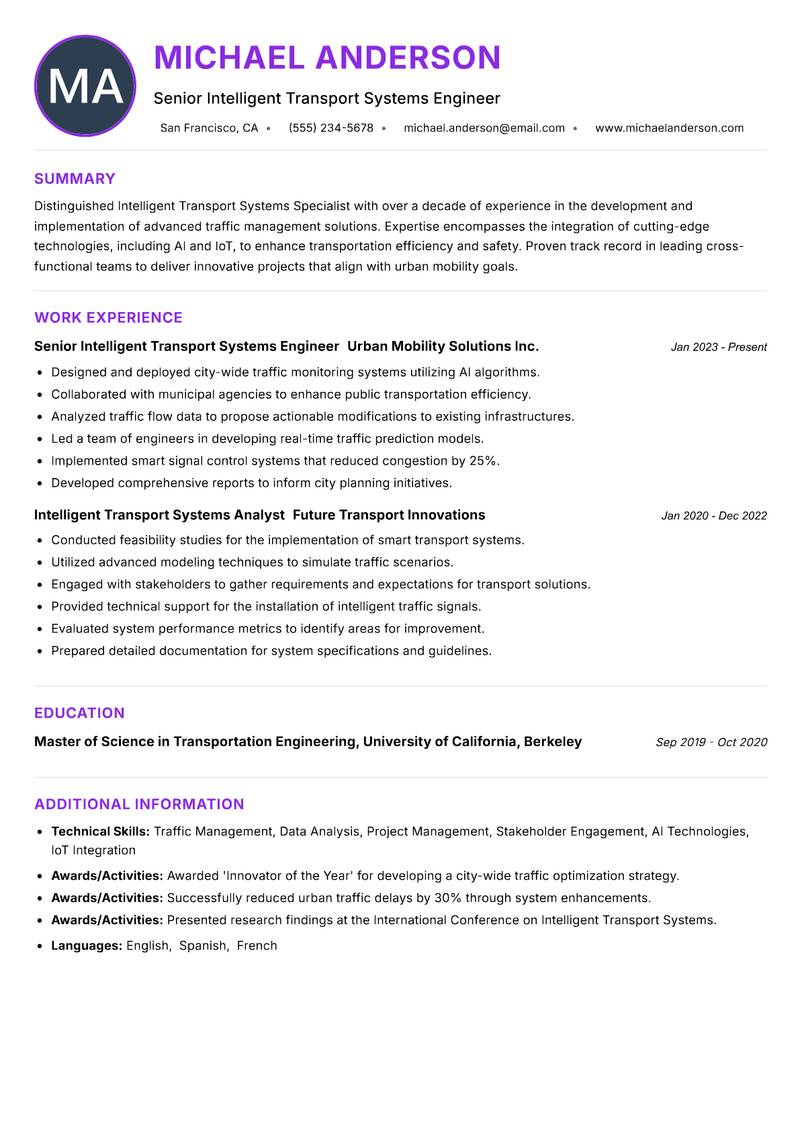 Intelligent Transport Systems Specialist resume example — ATS-friendly template