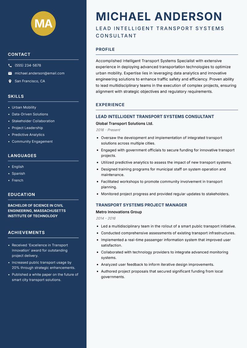 Intelligent Transport Systems Specialist resume template — Classic Clean