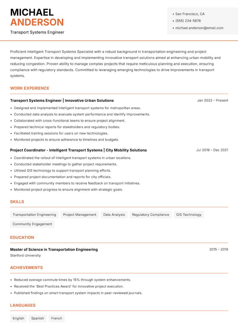 Intelligent Transport Systems Specialist resume template — Modern Professional