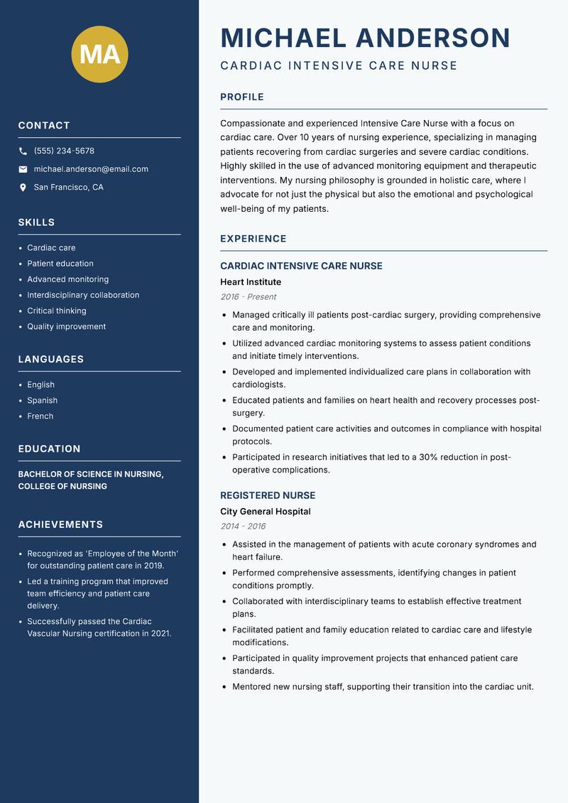 Intensive Care Nurse resume template — Classic Clean
