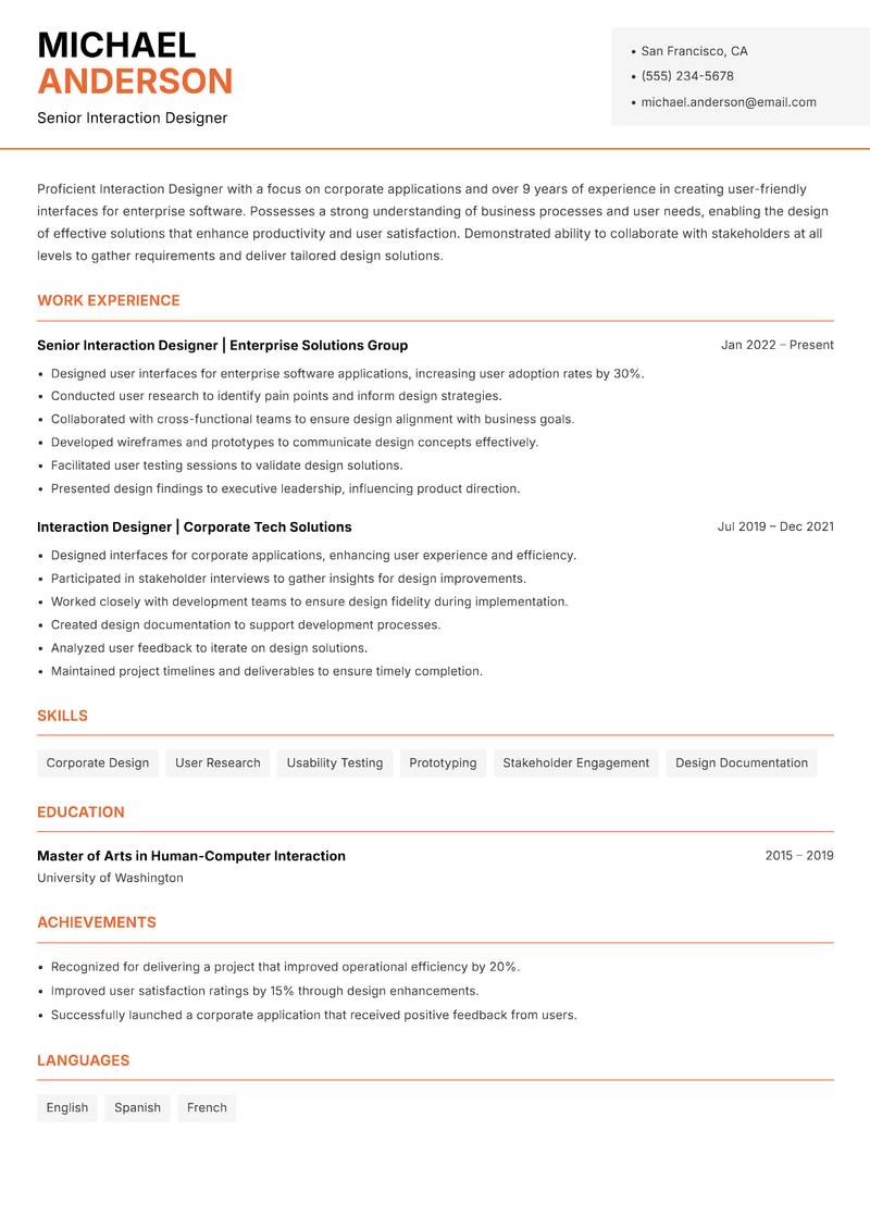 Interaction Designer resume template — Modern Professional