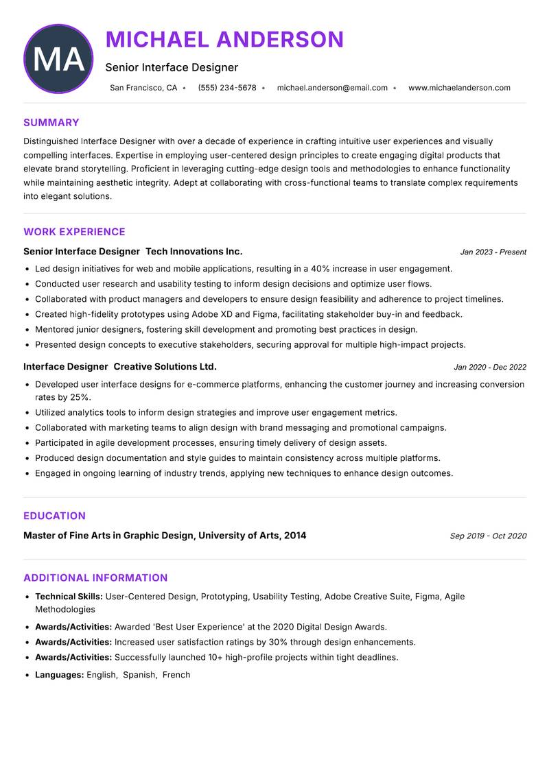 Interface Designer resume example — ATS-friendly template