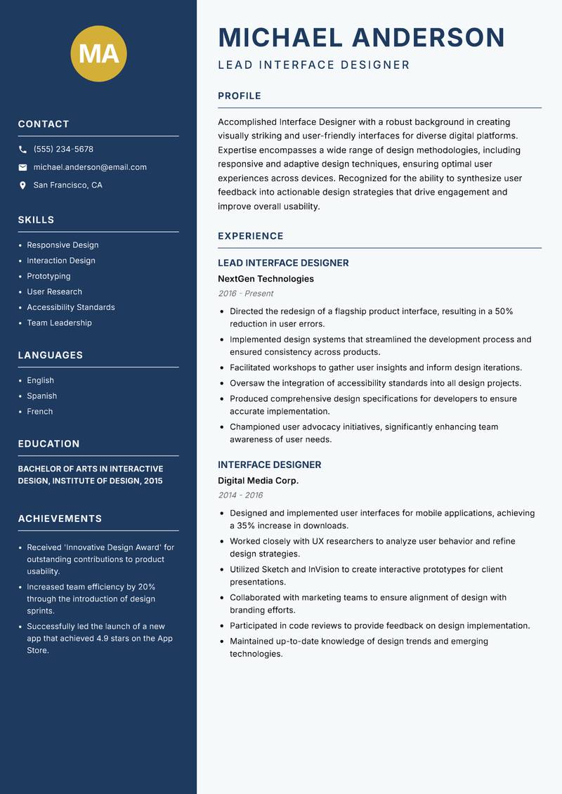 Interface Designer resume template — Classic Clean
