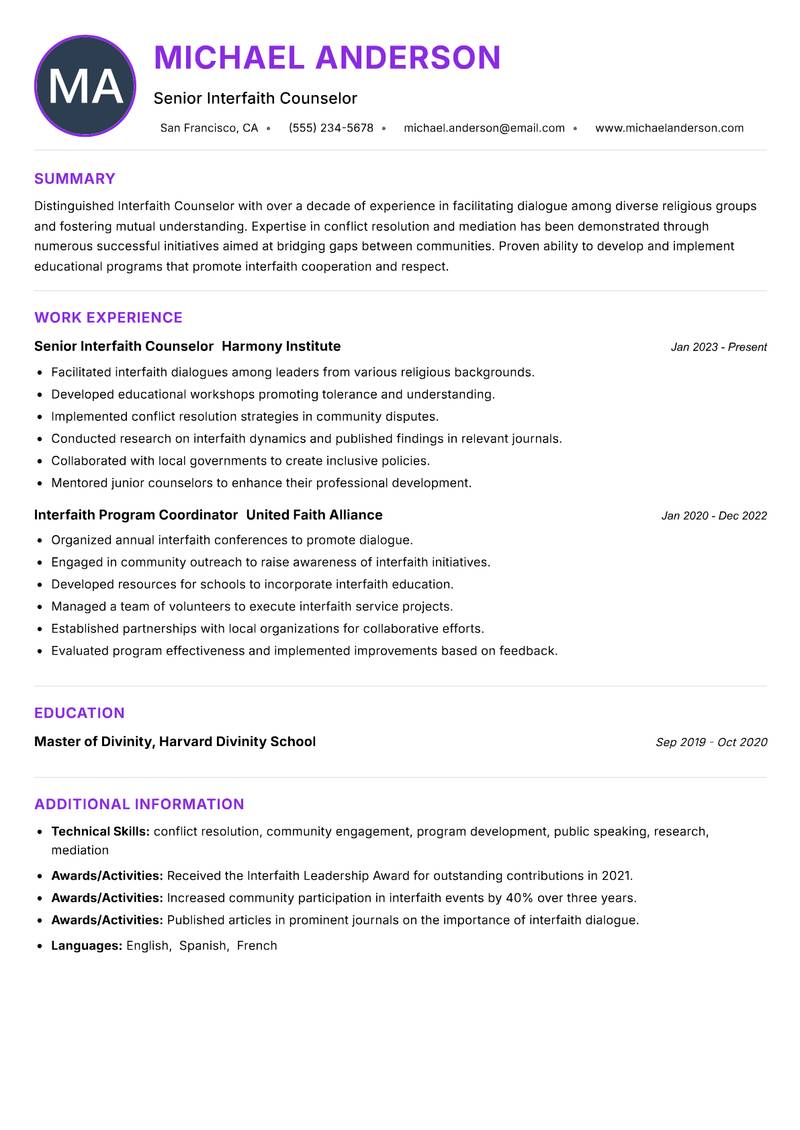 Interfaith Counselor resume example — ATS-friendly template