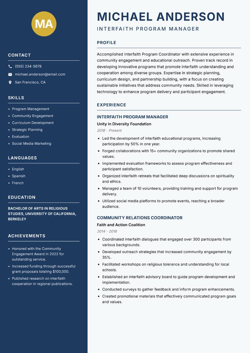 Interfaith Program Coordinator resume template — Classic Clean