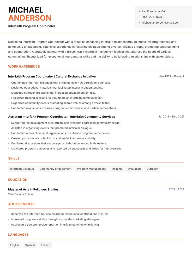 Interfaith Program Coordinator resume template — Modern Professional