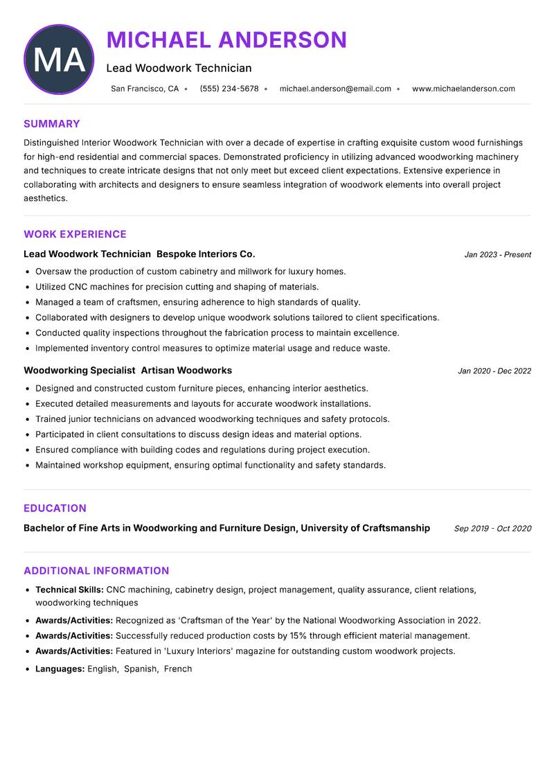 Interior Woodwork Technician resume example — ATS-friendly template