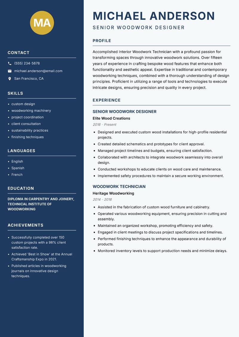 Interior Woodwork Technician resume template — Classic Clean