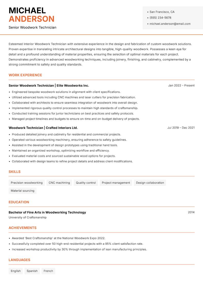 Interior Woodwork Technician resume template — Modern Professional
