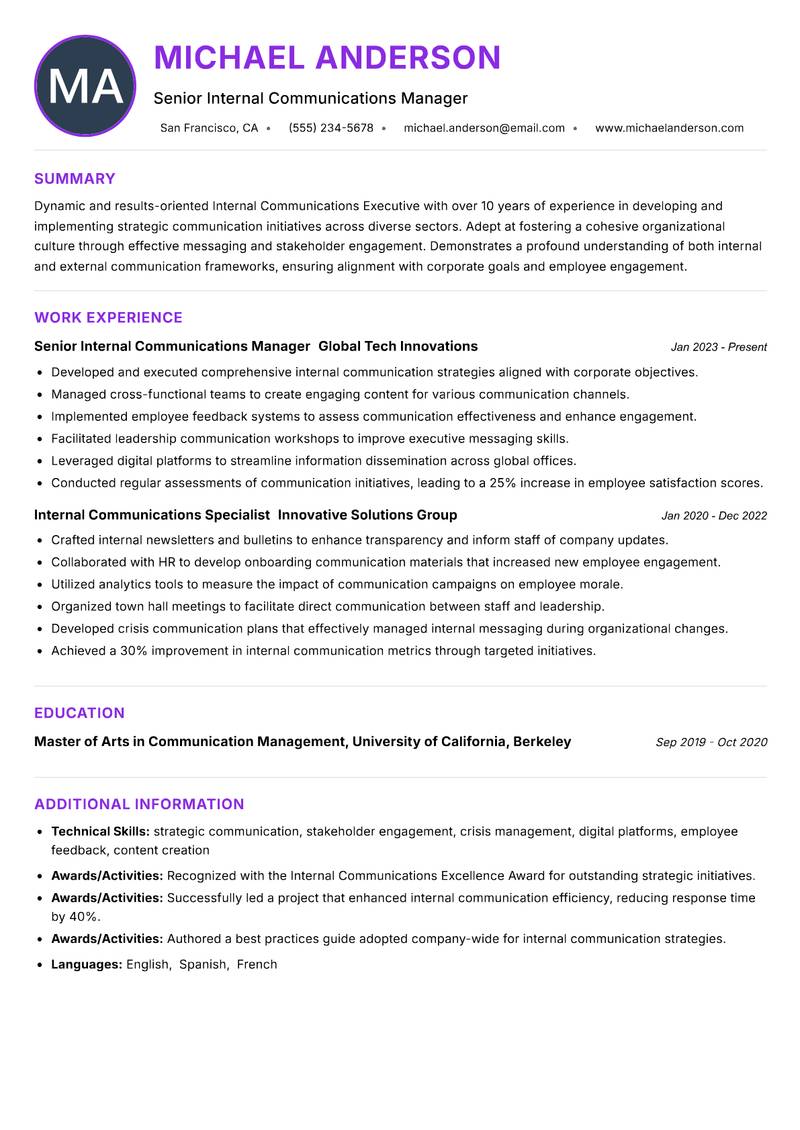 Internal Communications Executive resume example — ATS-friendly template