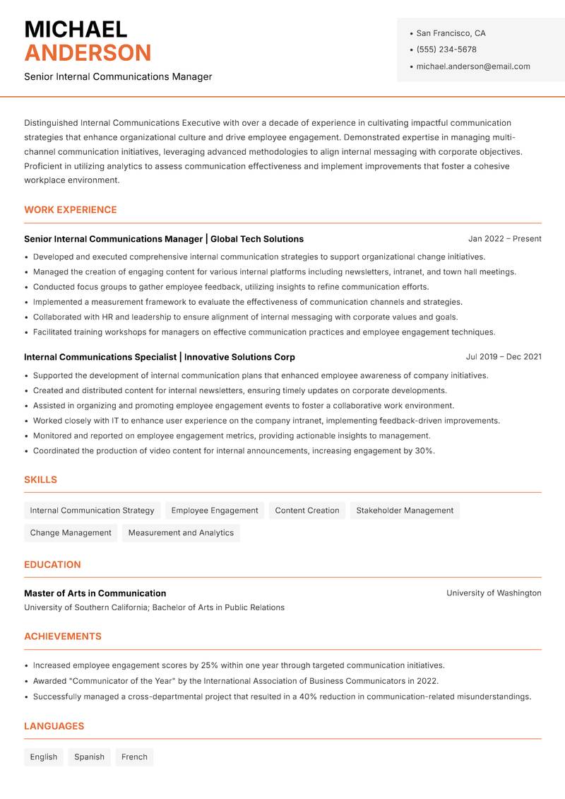 Internal Communications Executive resume template — Modern Professional