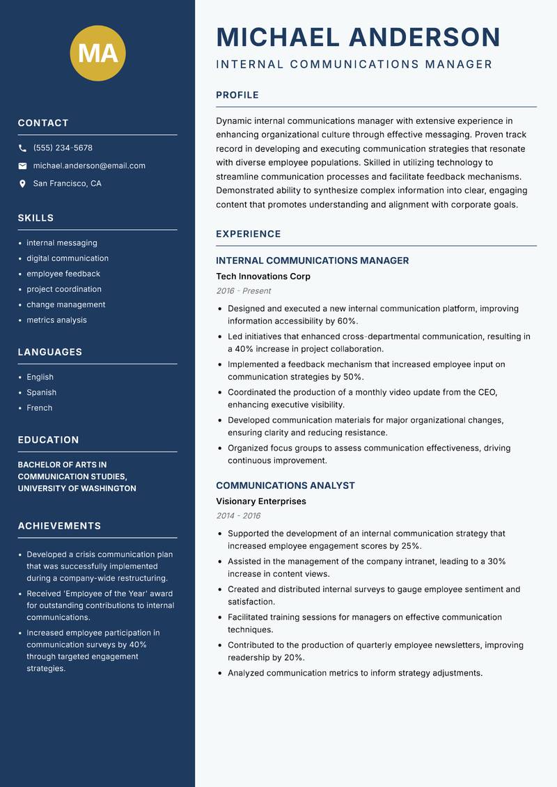 Internal Communications Manager resume template — Classic Clean