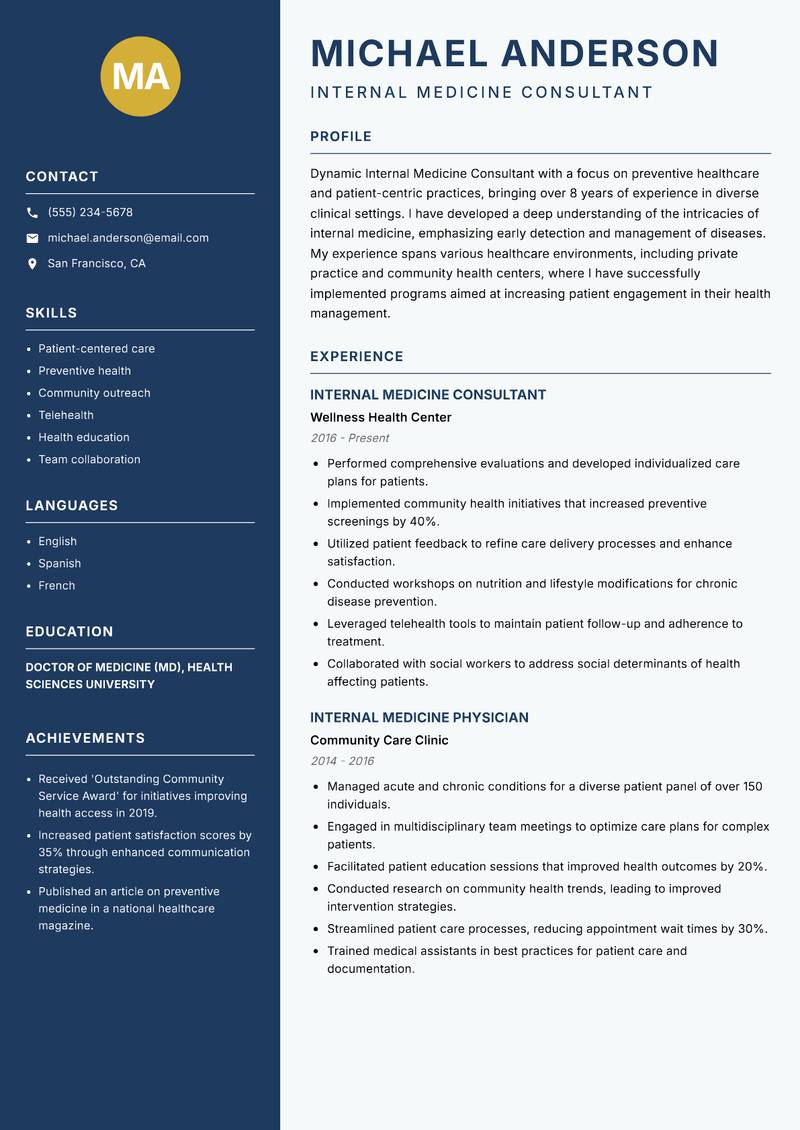 Internal Medicine Consultant resume template — Classic Clean