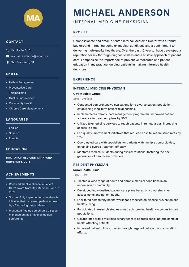 Internal Medicine Doctor resume template — Classic Clean