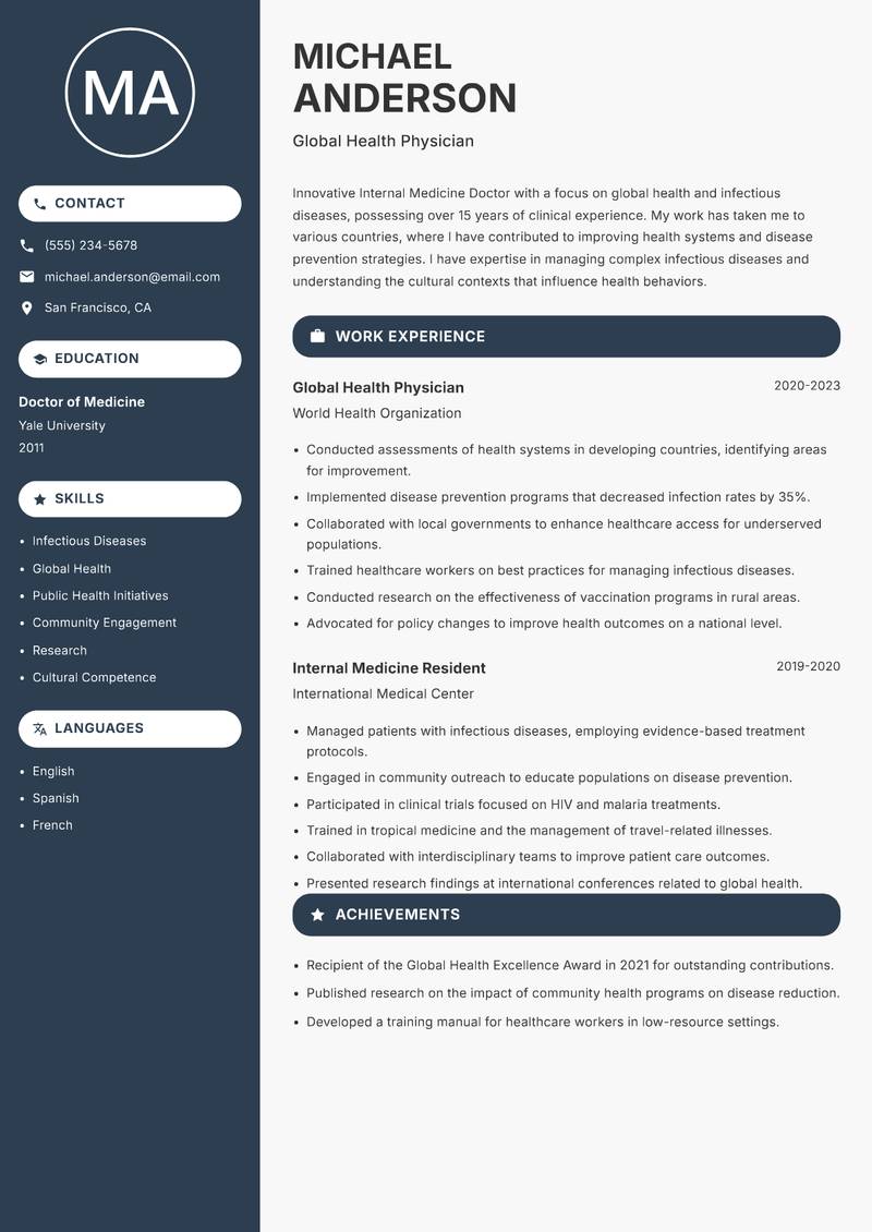 Internal Medicine Doctor resume template — Compact