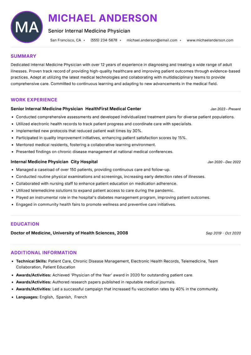 Internal Medicine Physician resume example — ATS-friendly template