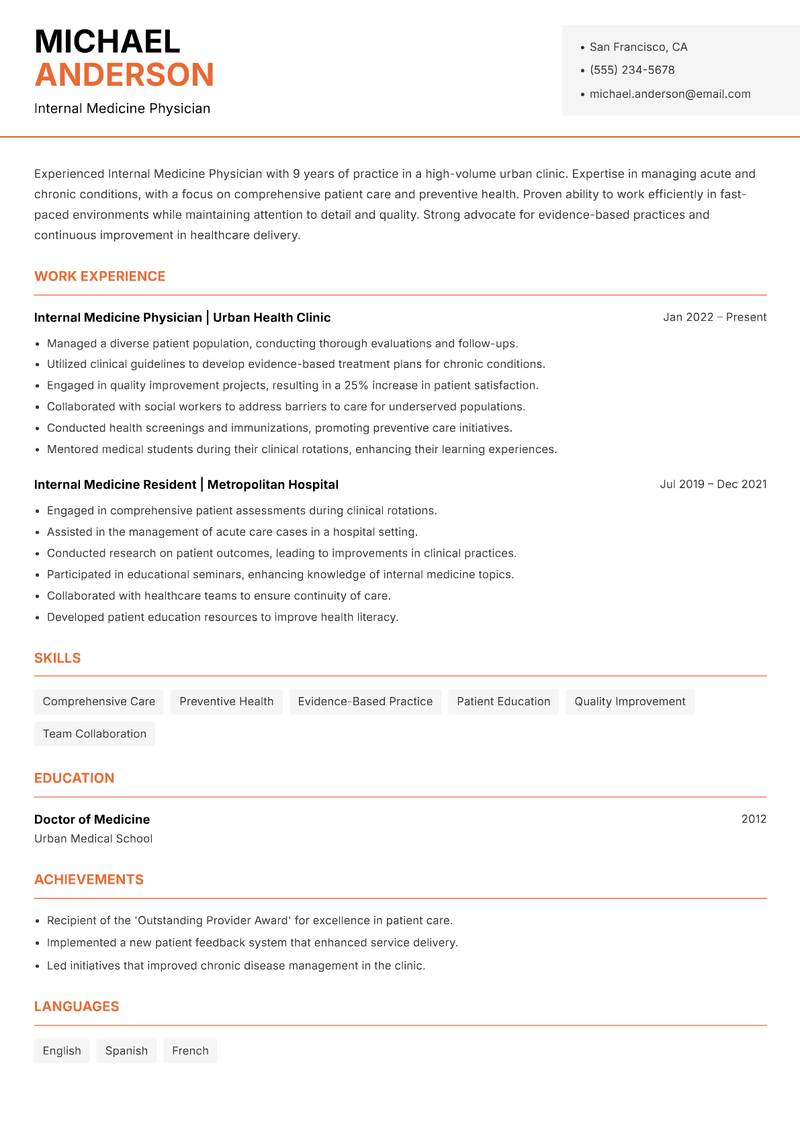Internal Medicine Physician resume template — Modern Professional