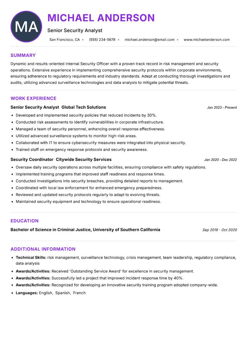 Internal Security Officer resume example — ATS-friendly template