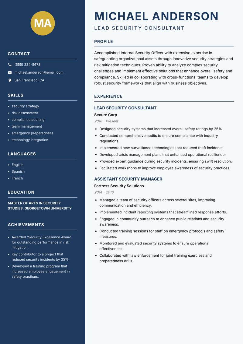 Internal Security Officer resume template — Classic Clean