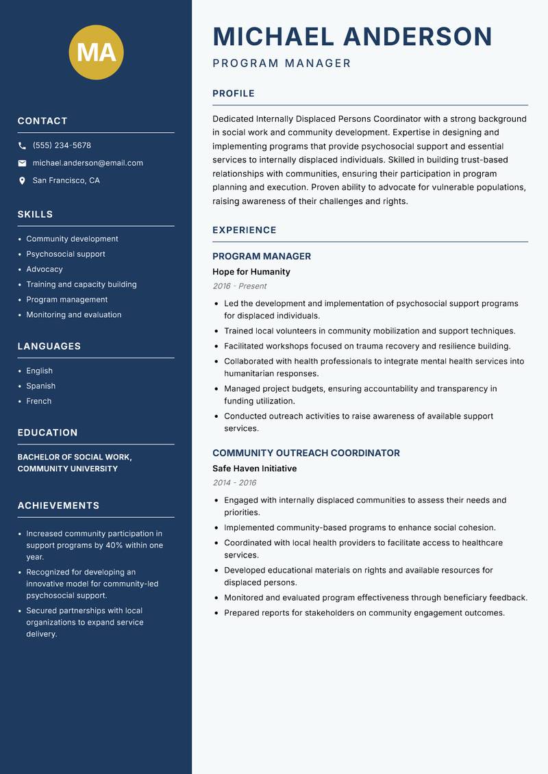 Internally Displaced Persons Coordinator resume template — Classic Clean