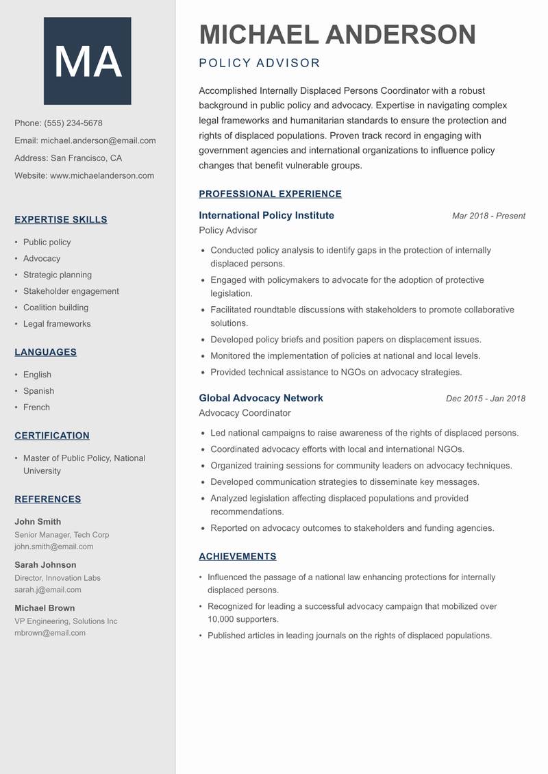 Internally Displaced Persons Coordinator resume template — Creative Minimal