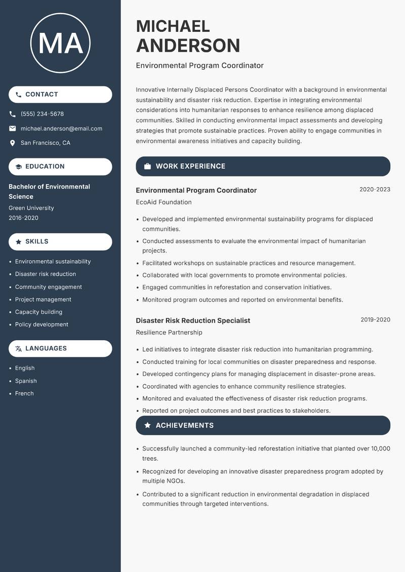 Internally Displaced Persons Coordinator resume template — Compact