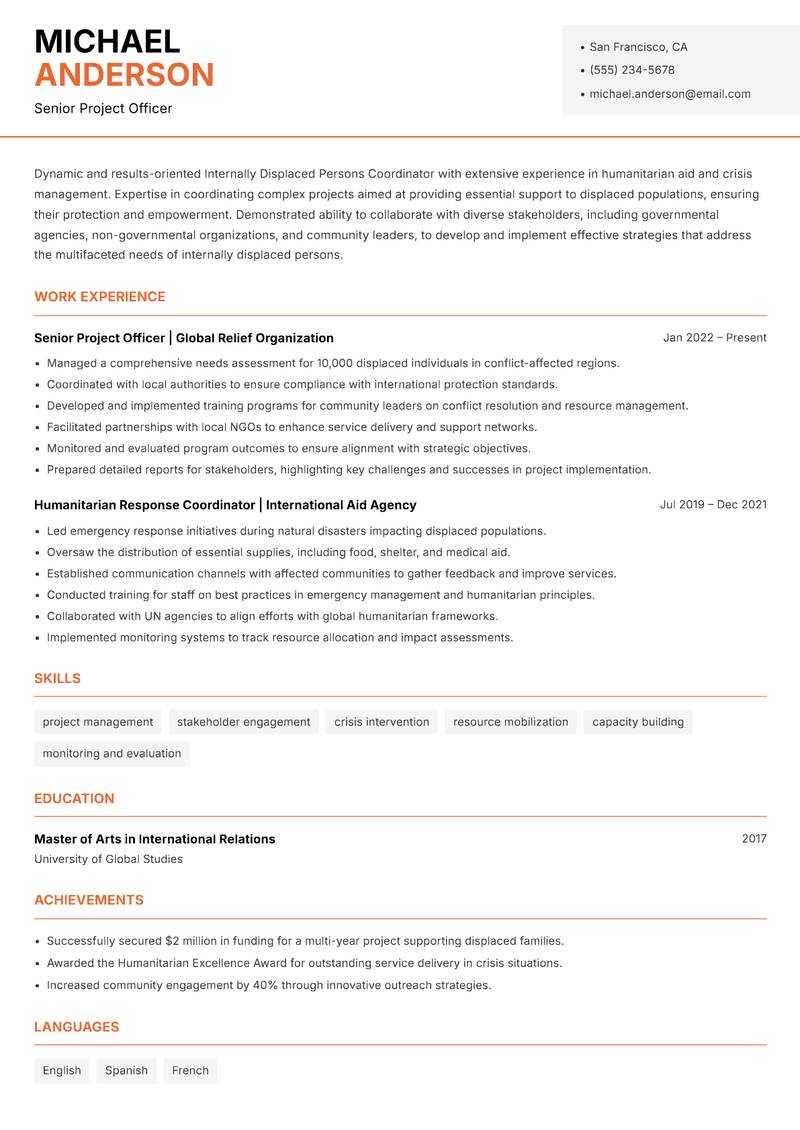Internally Displaced Persons Coordinator resume template — Modern Professional