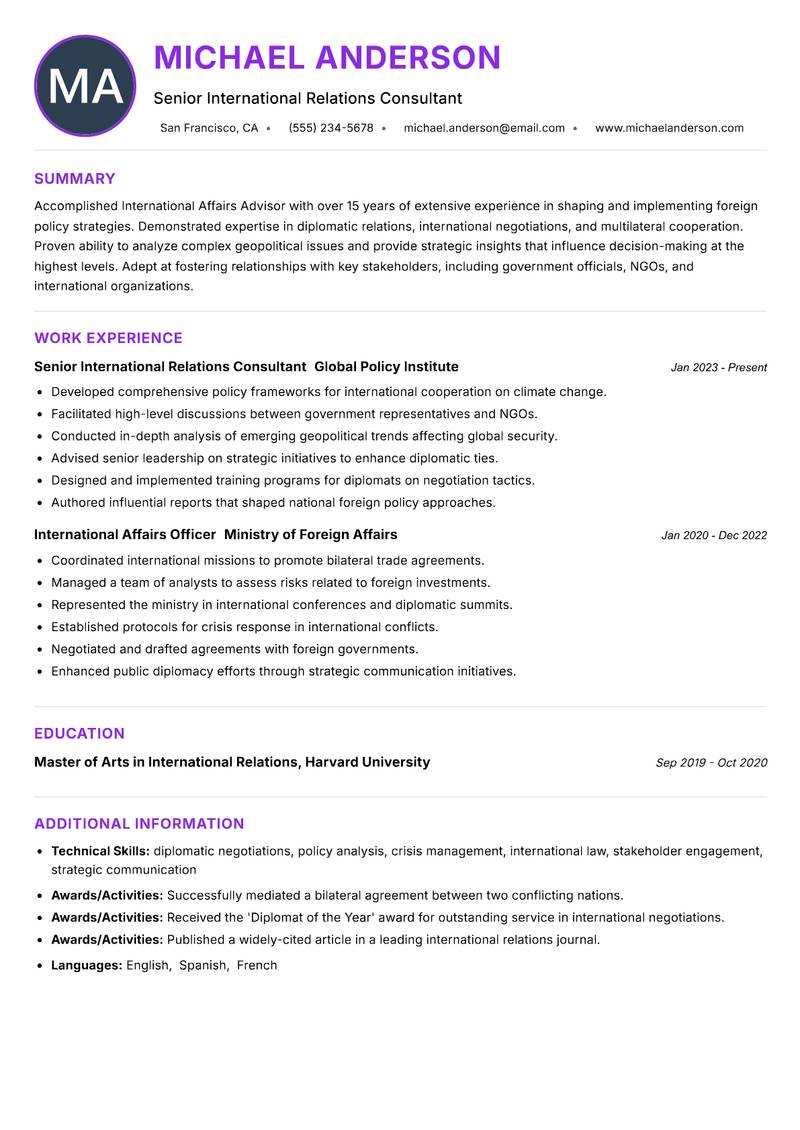 International Affairs Advisor resume example — ATS-friendly template