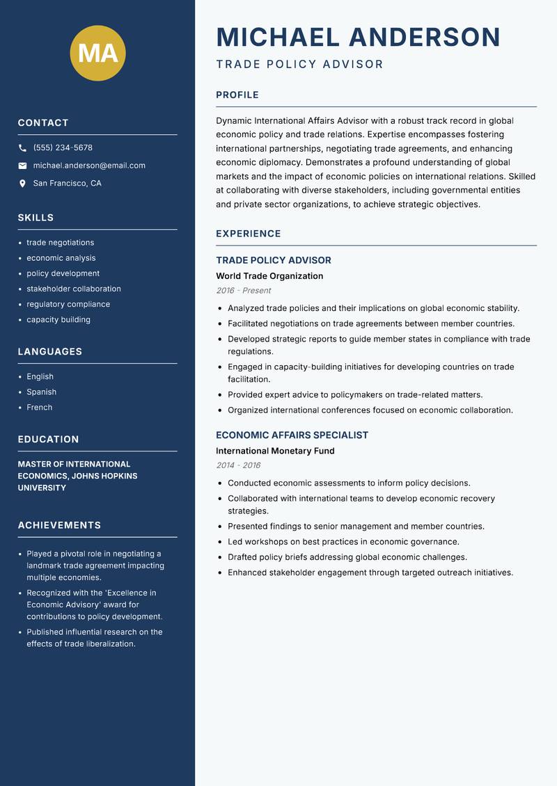 International Affairs Advisor resume template — Classic Clean