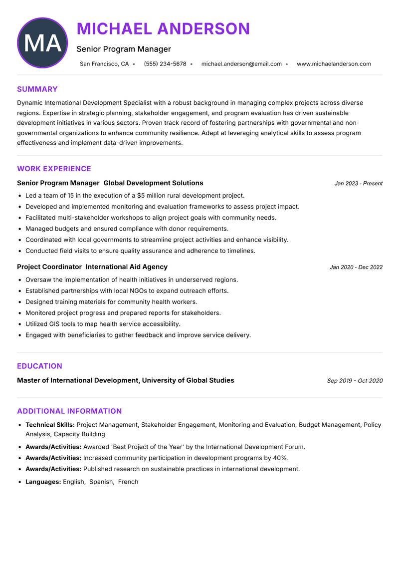 International Development Specialist resume example — ATS-friendly template